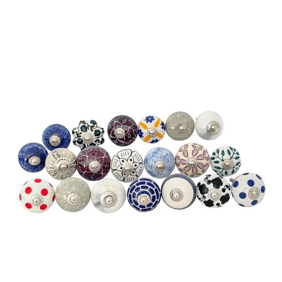 20 Vtg Porcelain Cabinet Door Knob Drawer Pulls Floral Geometric Print Boho Mix - Picture 1 of 6